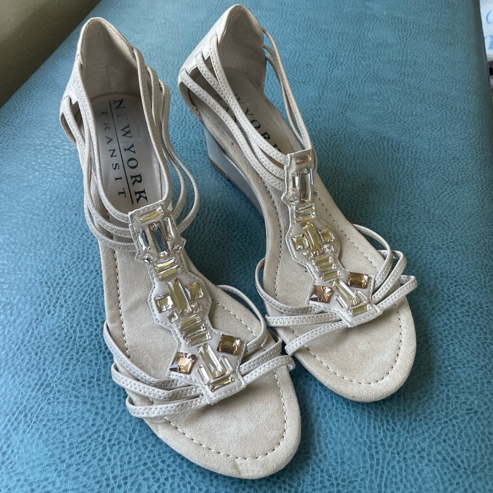 New York transit, low wedge silver sandal with jewel embellishment, size 10